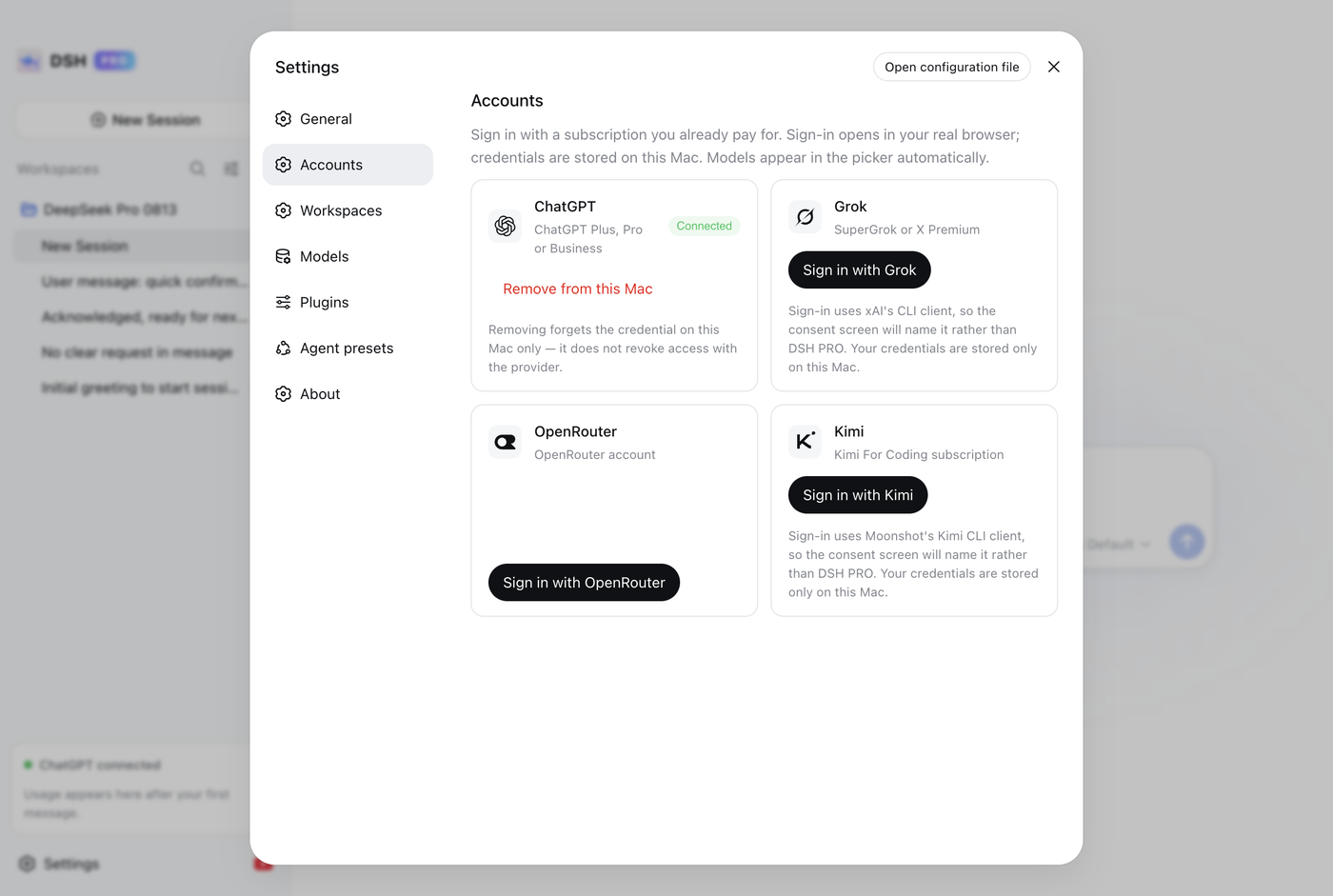 The Accounts panel